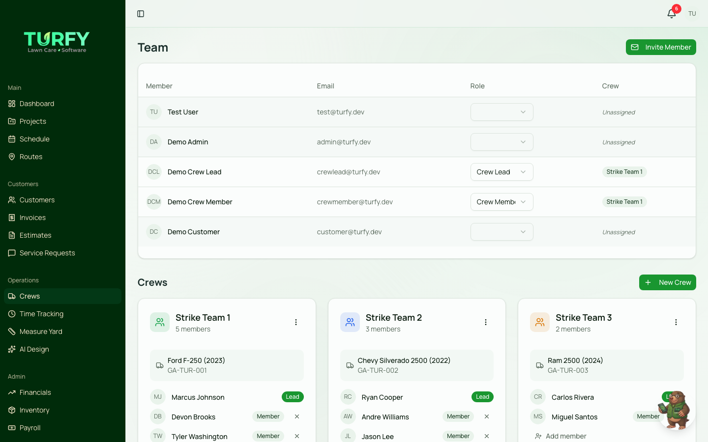 Turfy Crew Management — crew assignments and time tracking