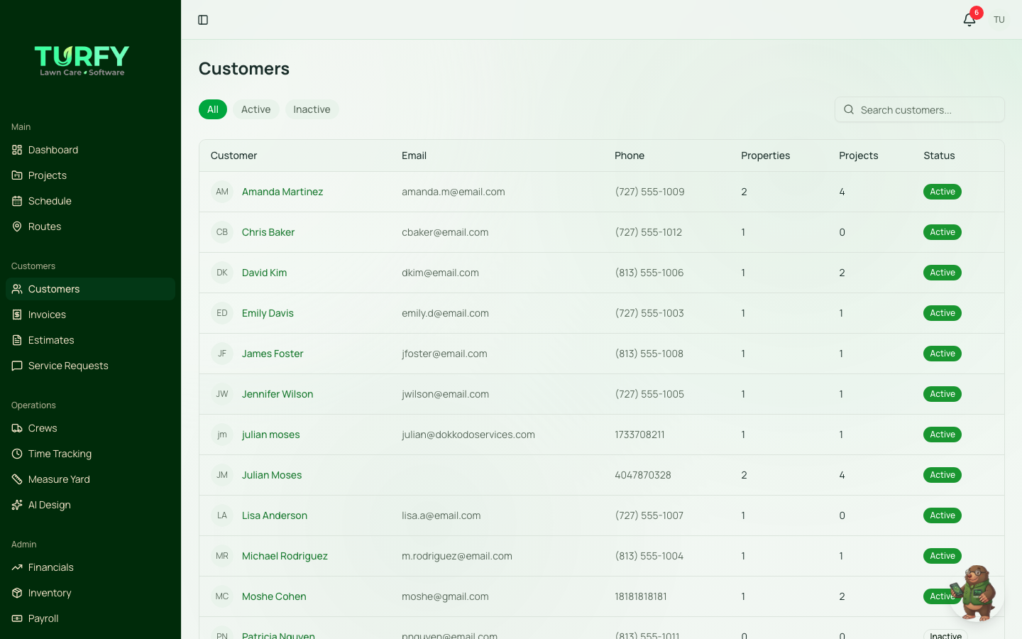 Turfy Customer Portal — customer management dashboard