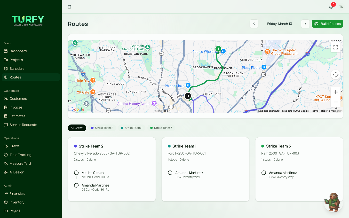Turfy Route Optimization — AI-optimized routes on map